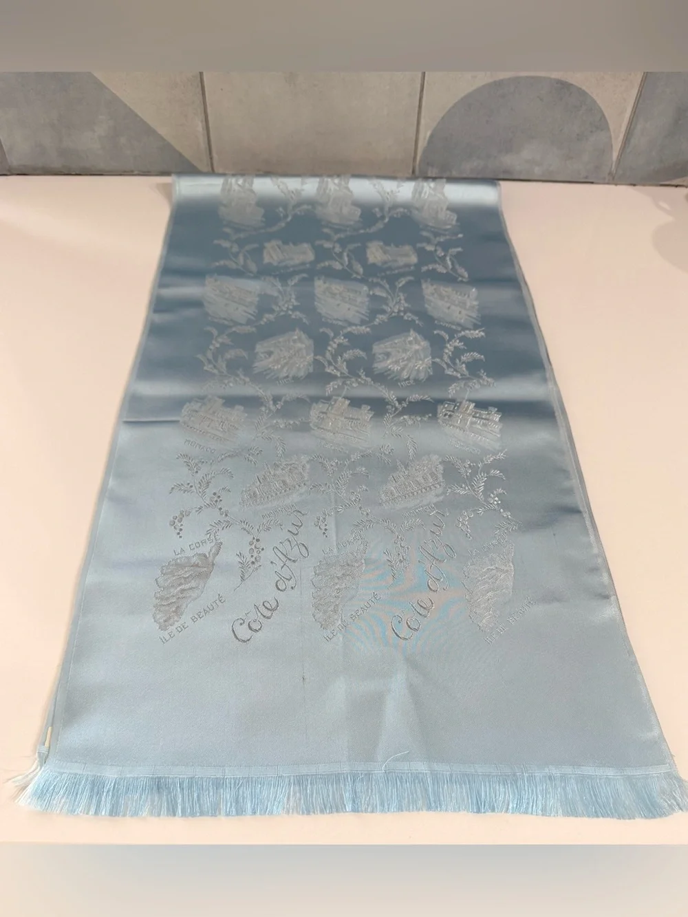 Vintage Cote de A'zur France French Blue scarf -Script, buildings- 12x46